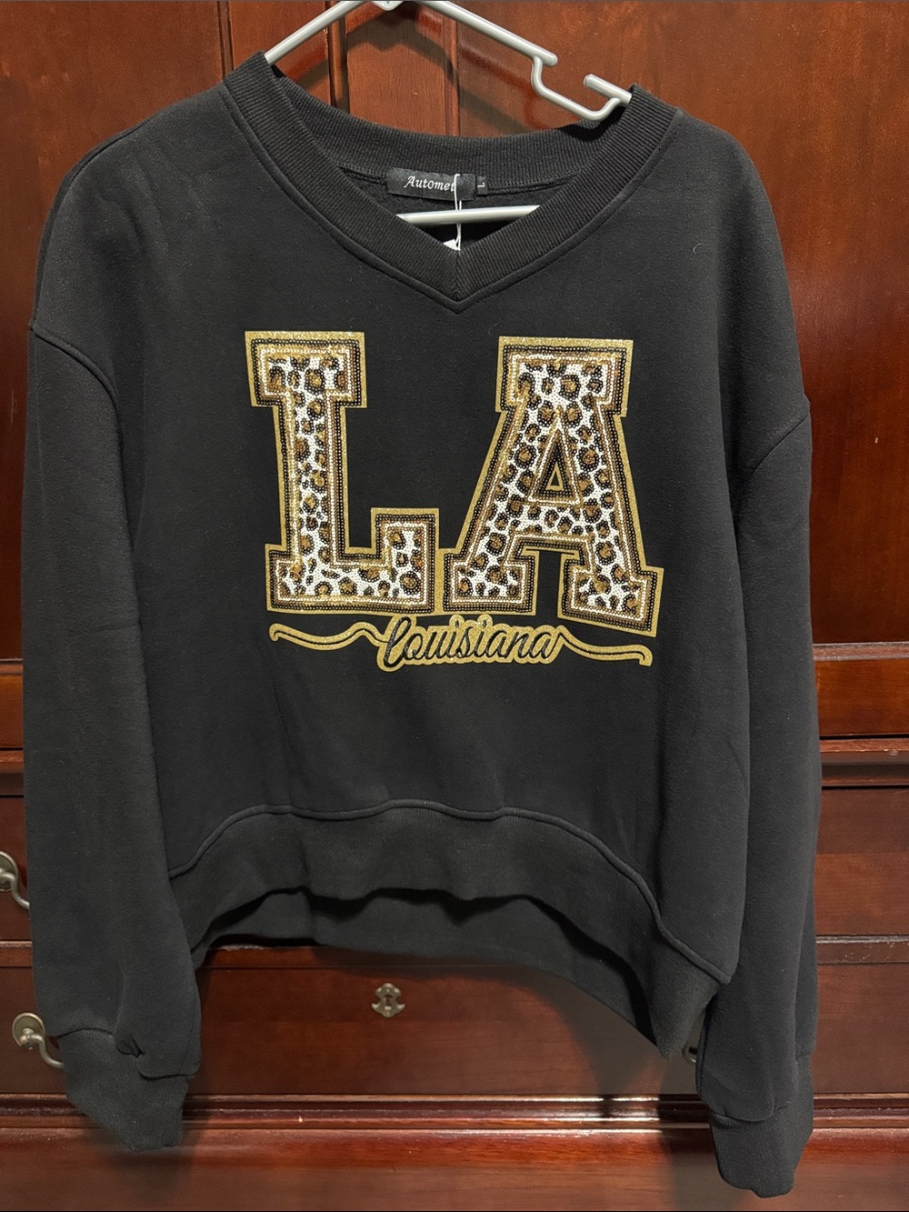 Black V-Neck Pullover Sweater with Gold Zebra-Leopard LA Accent
